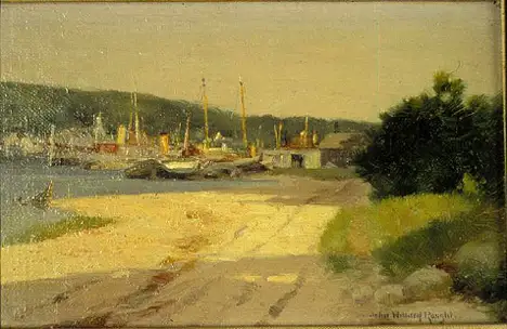 A painting of a beach and many boats near the shore
