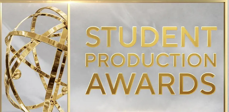gold and grey photo with emmy logo and student production awards written