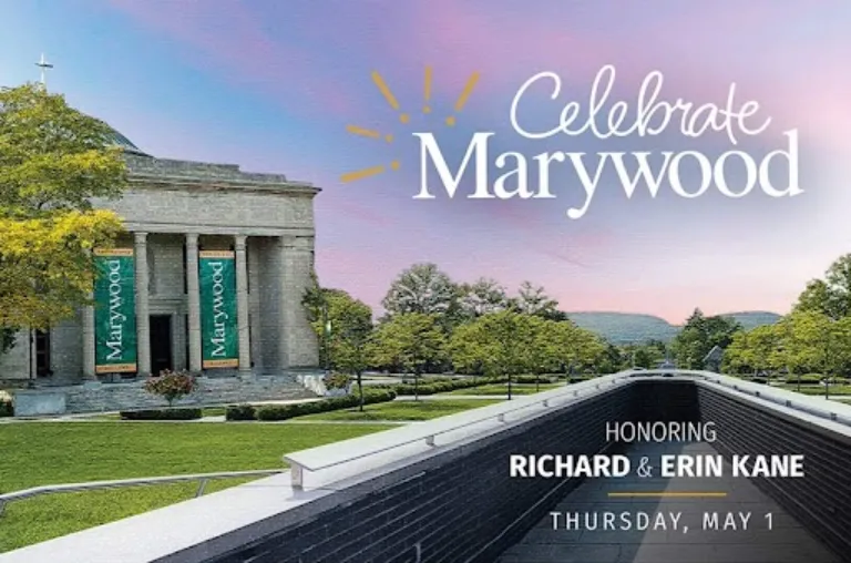 A painted canvas illustration of the Kane Overlook of the Learning Commons is pictured with the Marywood Liberal Arts Center in the background and the  sunset on the horizon in the  distance over the mountains and trees. The Celebrate Marywood logo is placed over the sky.