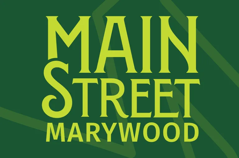 Main Street Marywood logo in lime green on a dark green background.