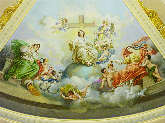 mural illustrating the triumph of Faith, Hope, and Charity, Faith, the central figure dressed in the white robe of purity, is represented in heaven over the globe to express her divine origin.