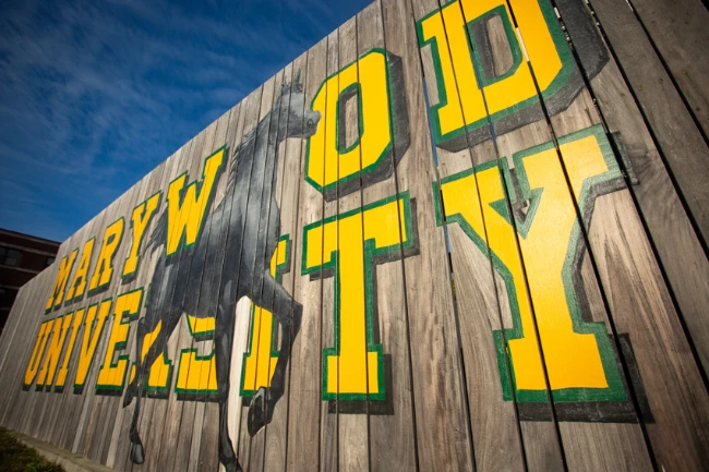 a mural of the Pacer horse over the title Marywood University