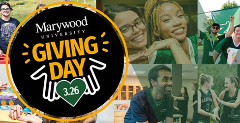 graphic with giving day logo and pictures of students behind it