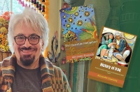 A bearded man wearing a sweater and glasses is pictured with a backdrop including front cover images for two books, The Quantum Metaphors and History of Iraq.