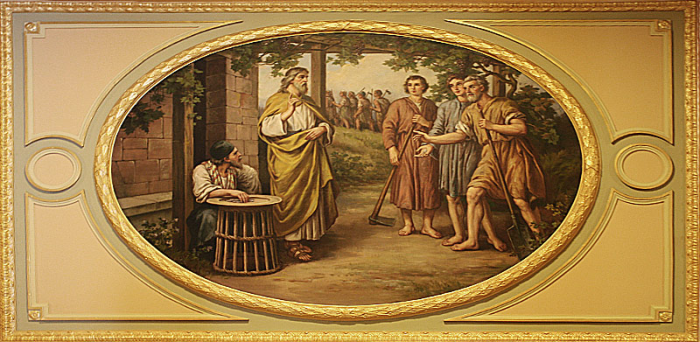 a mural of workers in a vineyard waiting for wages they had agreed to accept from St. Matthew's Gospel