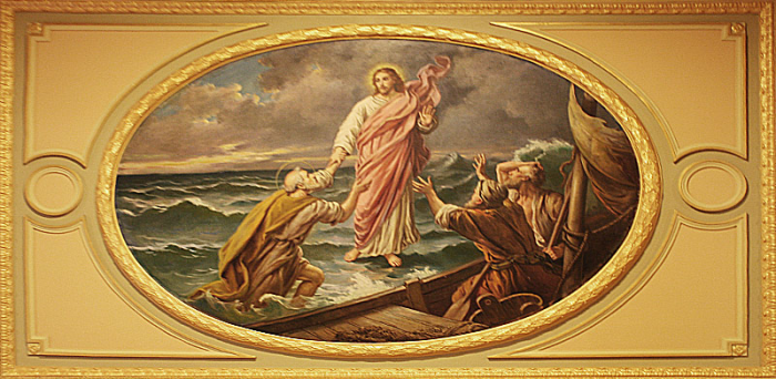 a portrait of Jesus walking on the water near a sinking Peter whose faith has failed him.