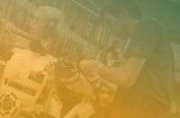 ombre green and gold filter over a man working on an animatronic robot