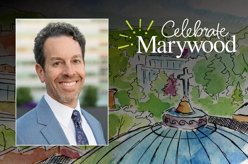 Man wearing a light blue coat, white shirt, and dark blue tie over an illustrated backdrop of the Marywood Rotunda and the Celebrate Marywood logo. Trustee Michael Bugno '98 Chairing 