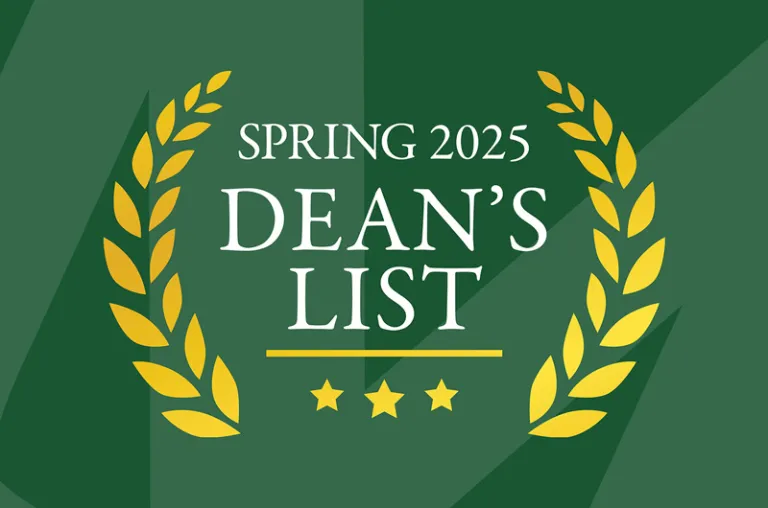 graphic logo for Spring 202 Dean's List against a green backgroud with gold leaf accents